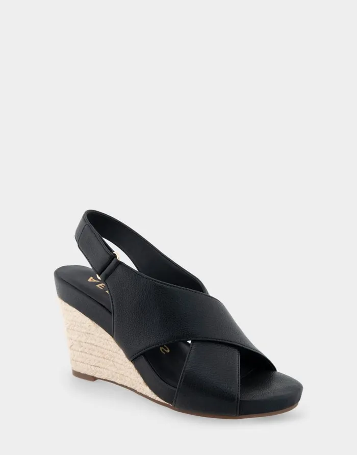 Aerosoles Comfortable Women039s Crisscross Velcro Back Footbed Wedge Sandal In Black Faux Leather Black Faux Leather Women Wide Width Sandals
