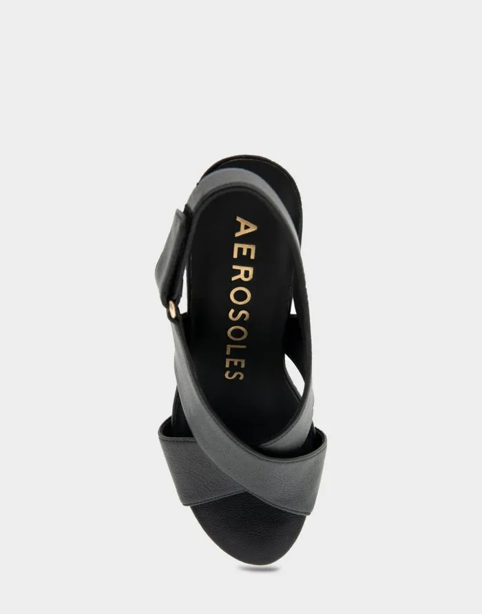 Aerosoles Comfortable Women039s Crisscross Velcro Back Footbed Wedge Sandal In Black Faux Leather Black Faux Leather Women Wide Width Sandals