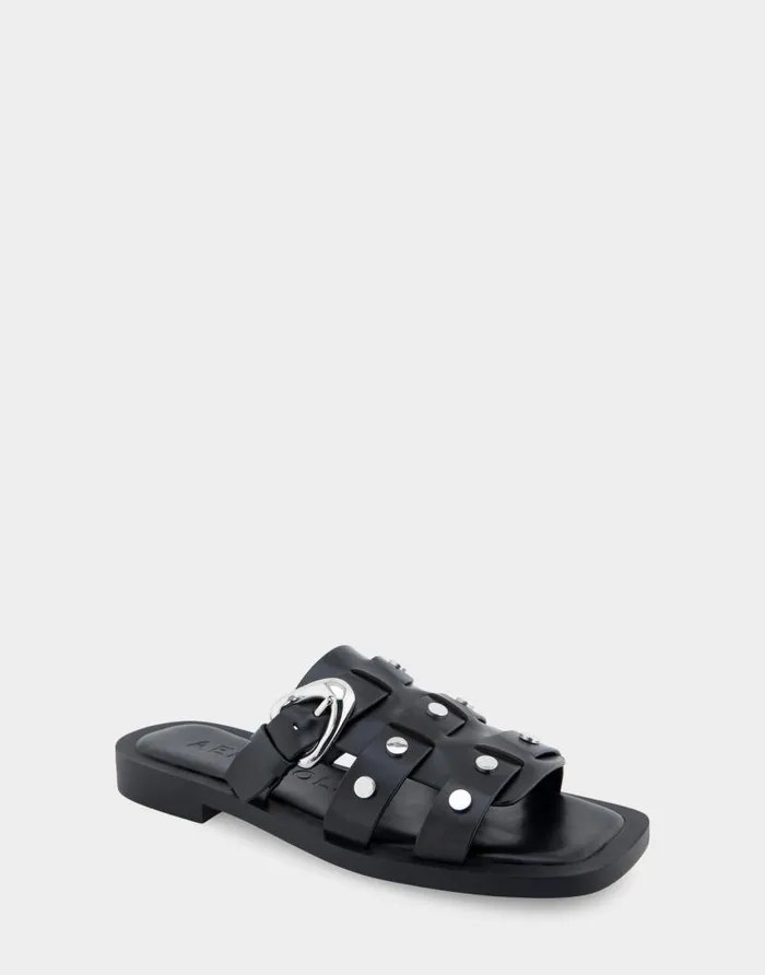 Aerosoles Comfortable Women039s Fisherman Flat Slide Sandal In Black Leather Black Leather Women Slides