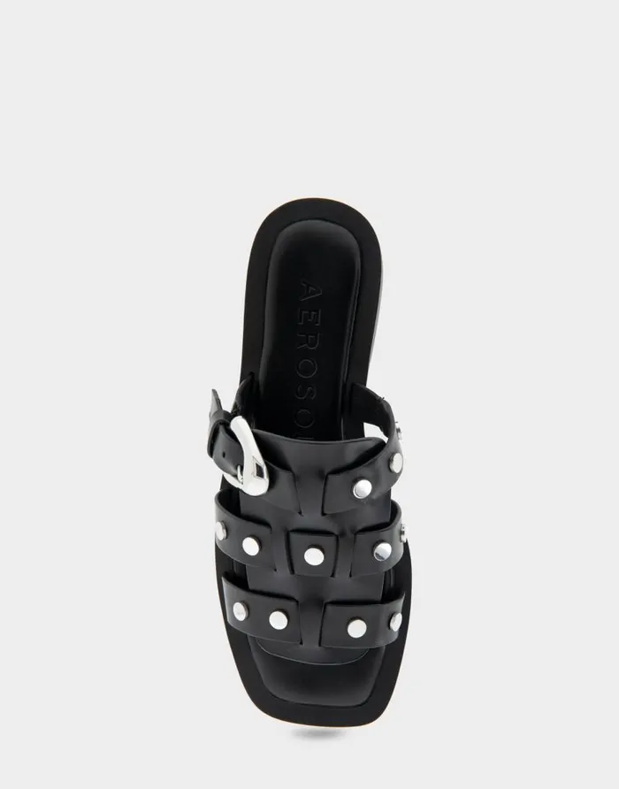 Aerosoles Comfortable Women039s Fisherman Flat Slide Sandal In Black Leather Black Leather Women Slides
