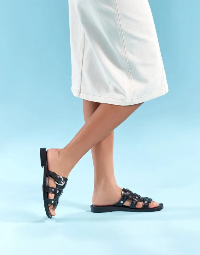 Aerosoles Comfortable Women039s Fisherman Flat Slide Sandal In Black Leather Black Leather Women Slides