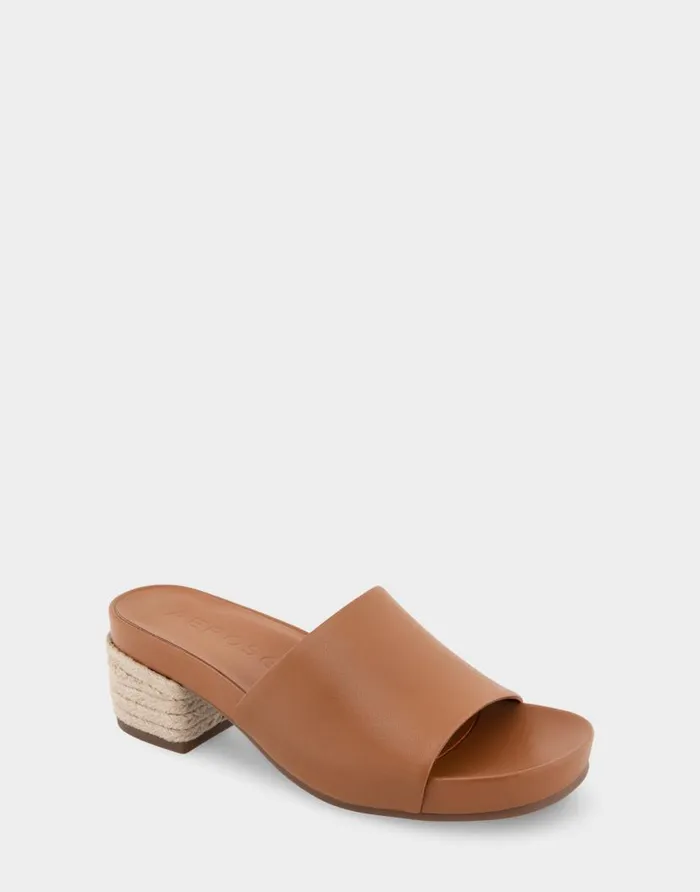 Aerosoles Comfortable Women039s Molded Footbed Low Block Heel Slide In Tan Leather Tan Leather Women Slides