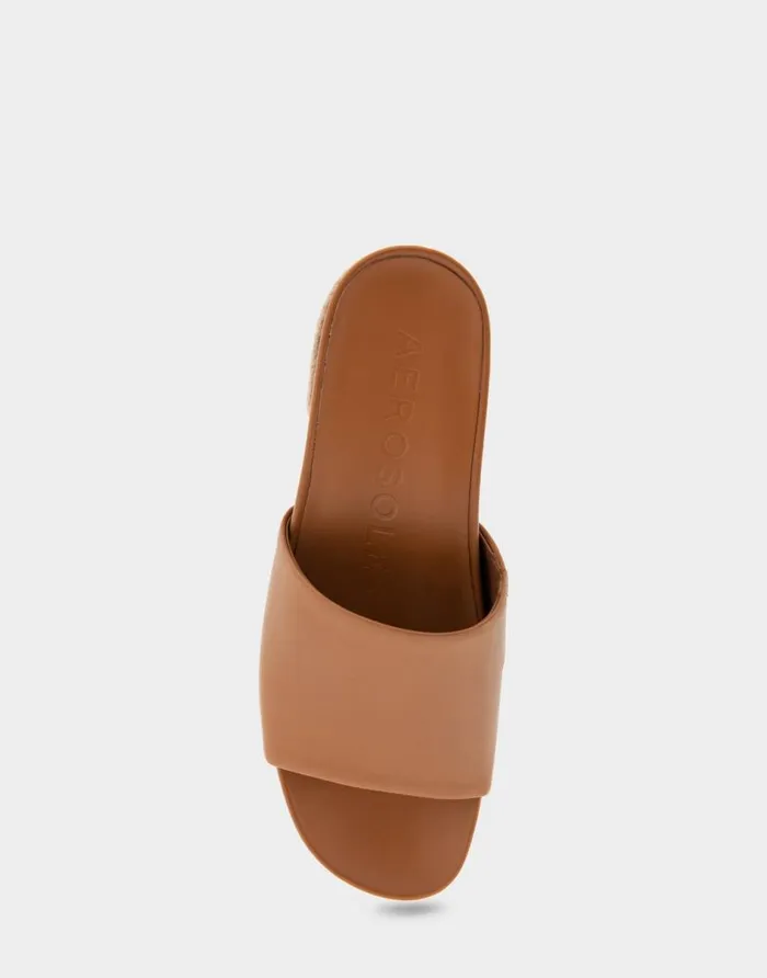 Aerosoles Comfortable Women039s Molded Footbed Low Block Heel Slide In Tan Leather Tan Leather Women Slides