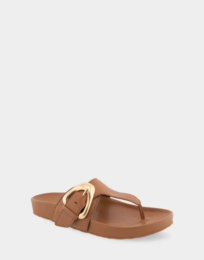 Aerosoles Comfortable Women039s Oversized Buckle Molded Footbed Thong Sandal In Tan Leather Tan Leather Women Flats