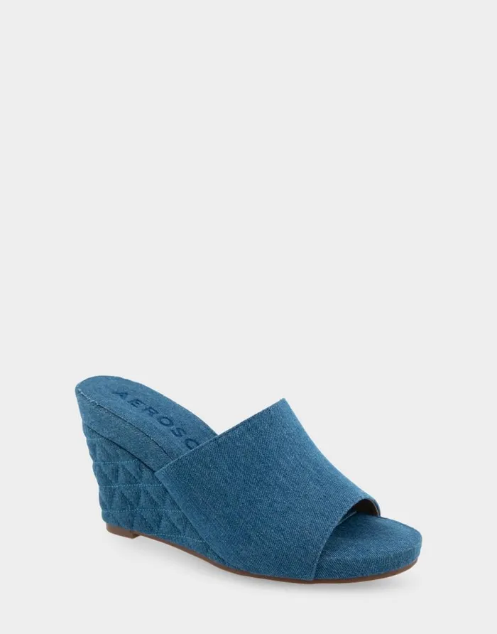 Aerosoles Comfortable Women039s Quilted Heel Footbed Wedge Slide In Denim Fabric Faux Leather Denim Fabric Women Wide Width Sandals