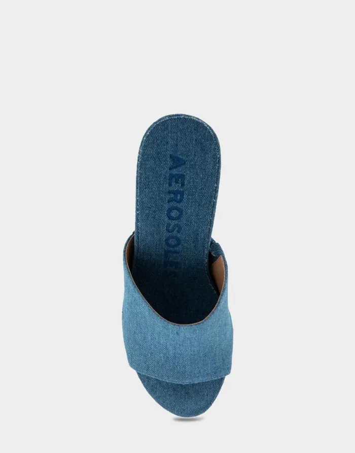 Aerosoles Comfortable Women039s Quilted Heel Footbed Wedge Slide In Denim Fabric Faux Leather Denim Fabric Women Wide Width Sandals