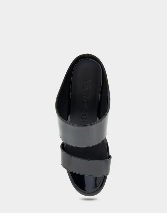 Aerosoles Comfortable Women039s Two Band Mid Wedge Slide Sandal In Black Patent Faux Leather Black Patent Faux Leather Women Slides