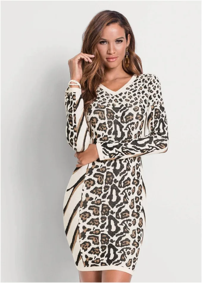 ANIMAL PRINT SWEATER DRESS Beige and Black Women VENUS Midi Dresses