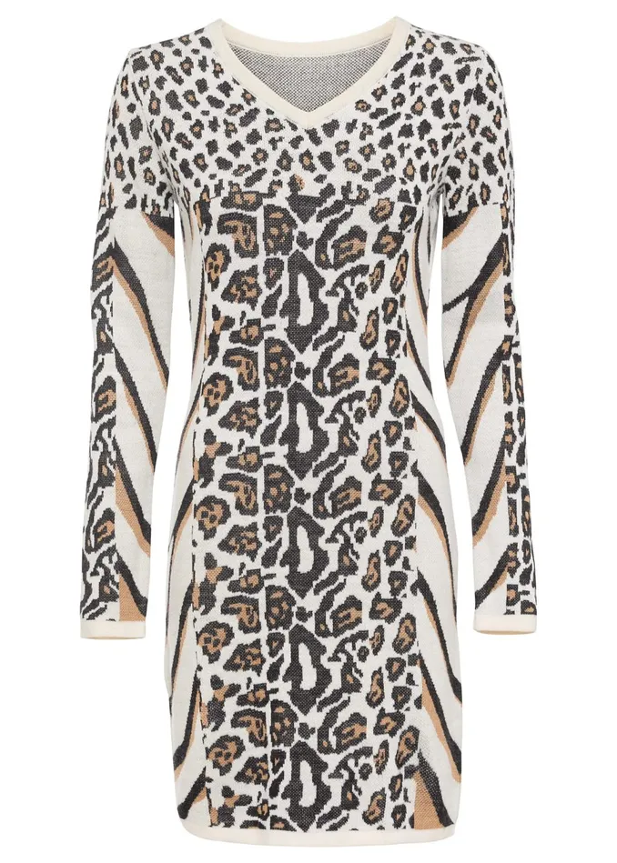 ANIMAL PRINT SWEATER DRESS Beige and Black Women VENUS Midi Dresses