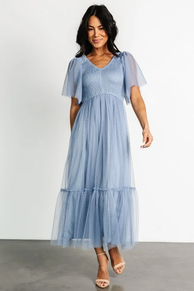 Baltic Born Bump Friendly Women Martha Smocked Tulle Dress Dusty Blue
