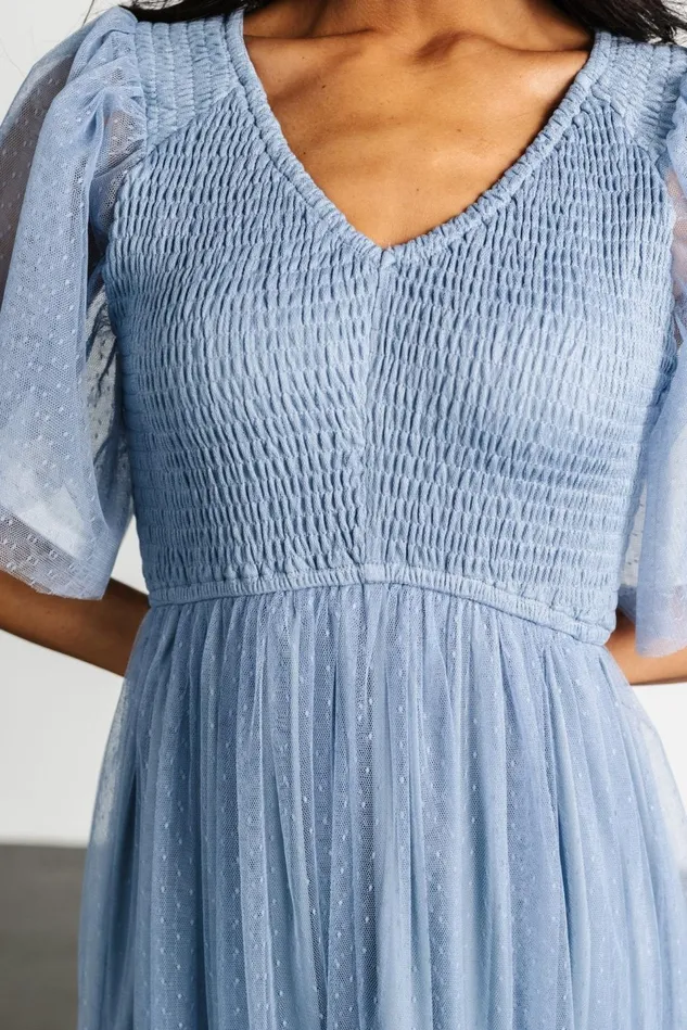 Baltic Born Bump Friendly Women Martha Smocked Tulle Dress Dusty Blue Baltic Born Bump Friendly Women Martha Smocked Tulle Dress Dusty Blue