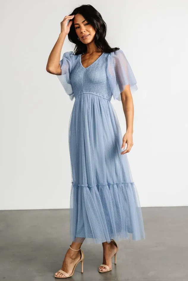 Baltic Born Bump Friendly Women Martha Smocked Tulle Dress Dusty Blue Baltic Born Bump Friendly Women Martha Smocked Tulle Dress Dusty Blue