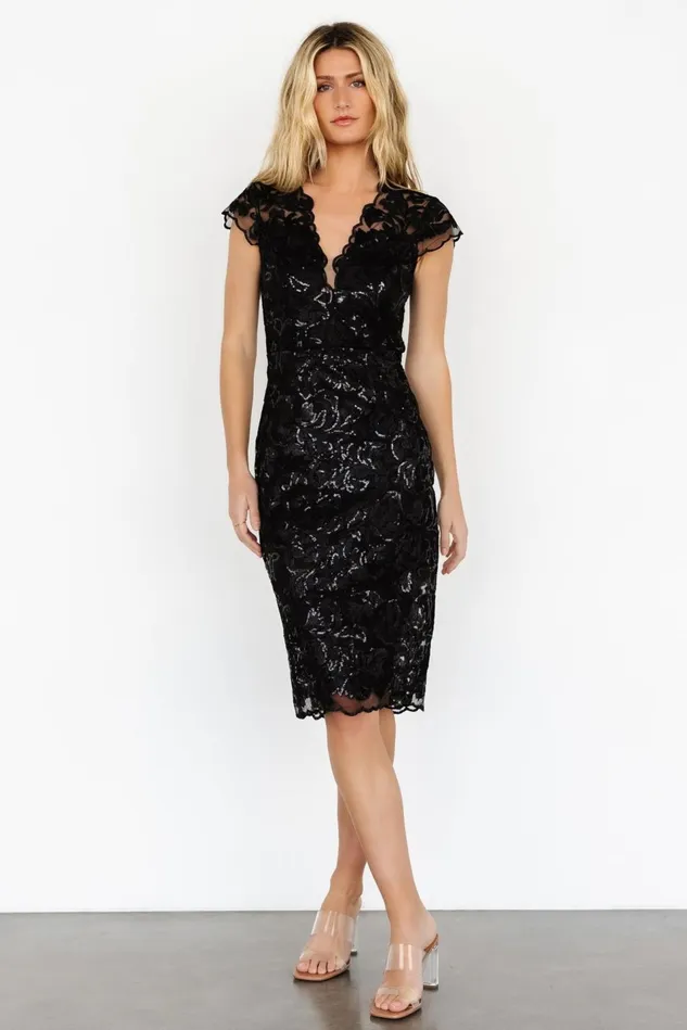 Baltic Born Embellished Sequin Women Jacqueline Embossed Midi Dress Black