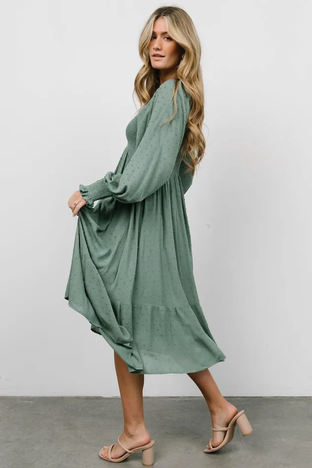 Baltic Born Mother Of The Bride Women Lainey Smocked Dotted Midi Dress Dark Sage