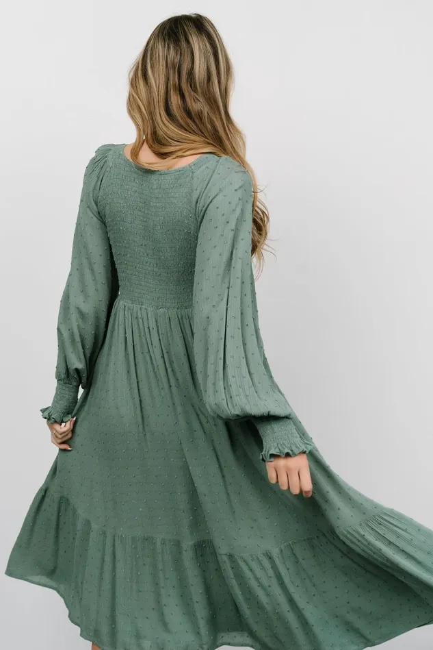 Baltic Born Mother Of The Bride Women Lainey Smocked Dotted Midi Dress Dark Sage