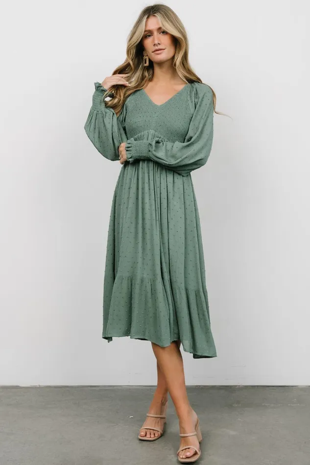 Baltic Born Mother Of The Bride Women Lainey Smocked Dotted Midi Dress Dark Sage