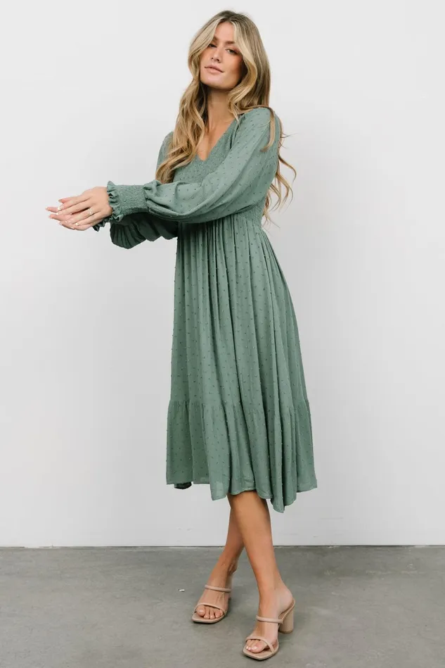 Baltic Born Mother Of The Bride Women Lainey Smocked Dotted Midi Dress Dark Sage