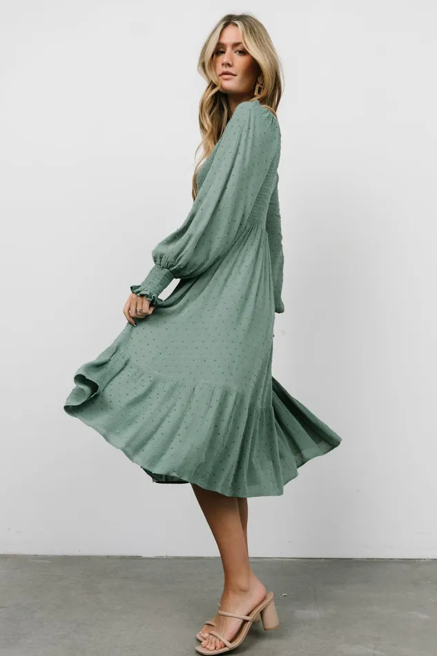 Baltic Born Mother Of The Bride Women Lainey Smocked Dotted Midi Dress Dark Sage