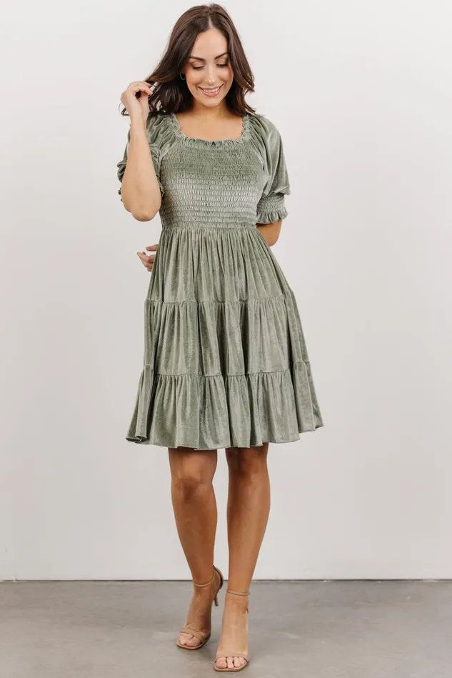 Baltic Born Short Dresses Women Bliss Smocked Velvet Short Dress Dusty Sage