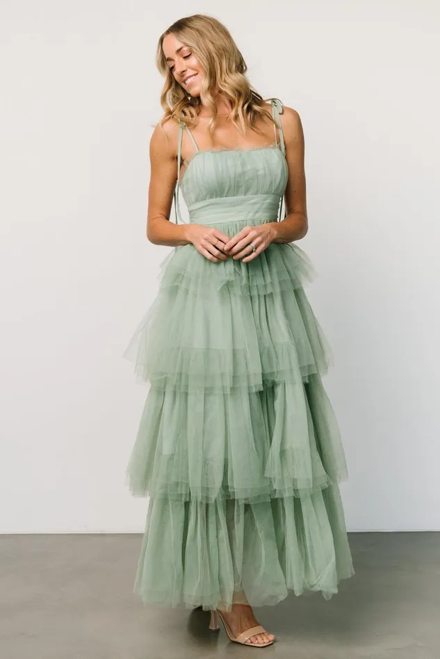 Baltic Born Tulle Styles Women Alora Tulle Tiered Maxi Dress Sage Green