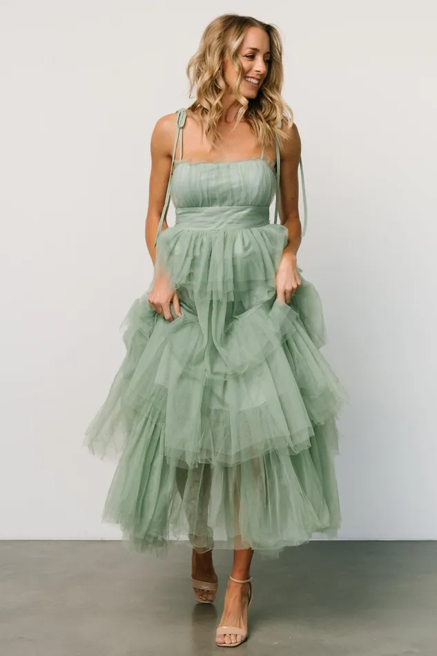 Baltic Born Tulle Styles Women Alora Tulle Tiered Maxi Dress Sage Green