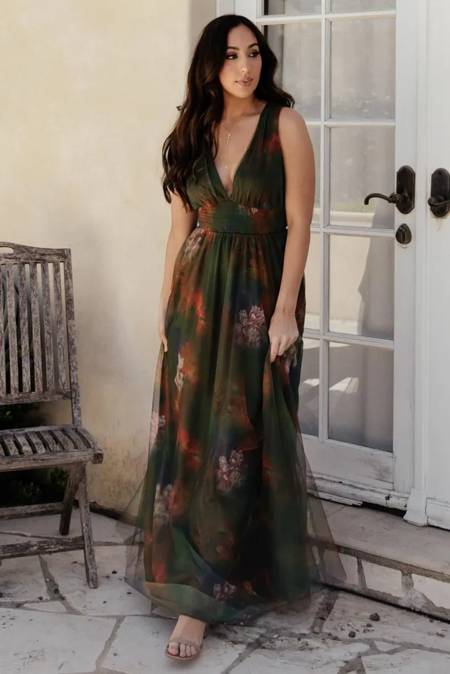 Baltic Born Wedding Guest Women Kamila Tulle Maxi Dress Olive Multi Floral