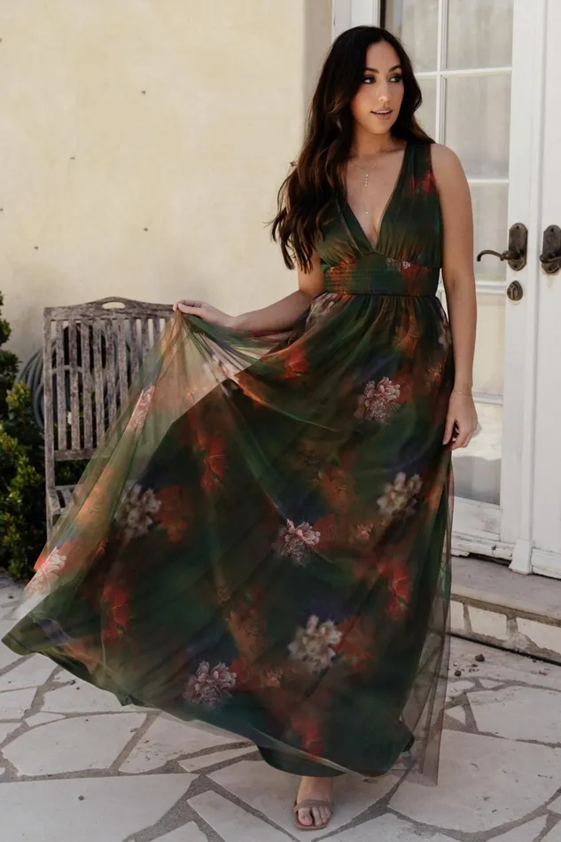 Baltic Born Wedding Guest Women Kamila Tulle Maxi Dress Olive Multi Floral