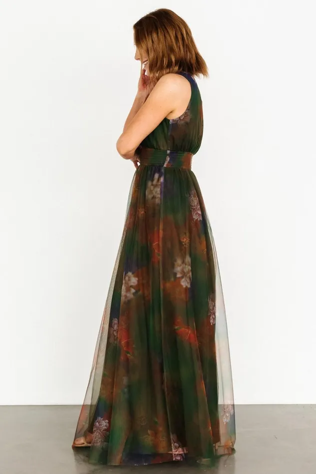 Baltic Born Wedding Guest Women Kamila Tulle Maxi Dress Olive Multi Floral