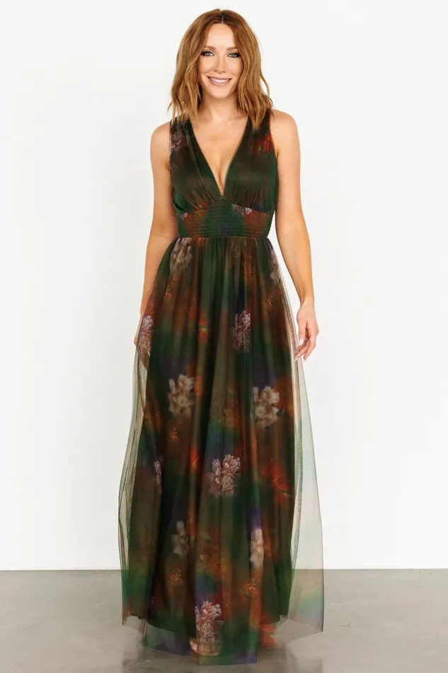 Baltic Born Wedding Guest Women Kamila Tulle Maxi Dress Olive Multi Floral