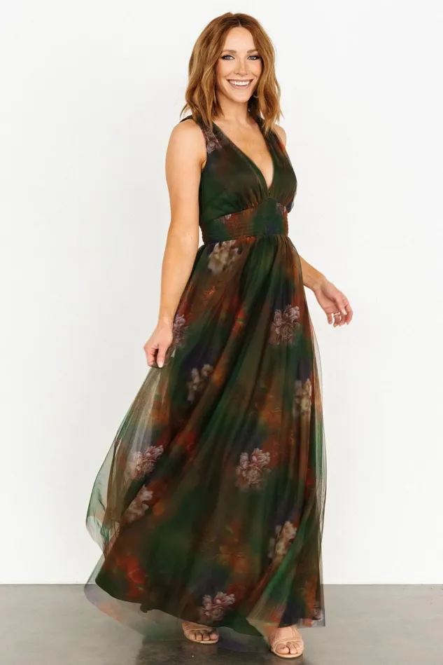 Baltic Born Wedding Guest Women Kamila Tulle Maxi Dress Olive Multi Floral