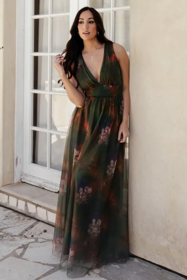 Baltic Born Wedding Guest Women Kamila Tulle Maxi Dress Olive Multi Floral