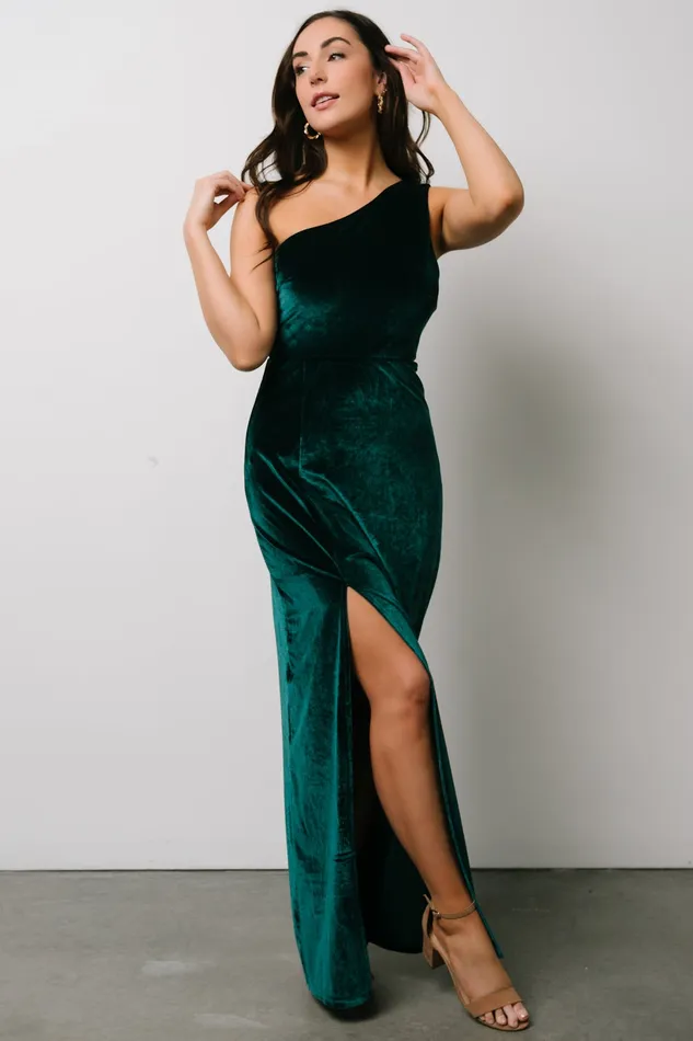 Baltic Born Wedding Guest Women Tatiana Velvet One Shoulder Maxi Dress Emerald