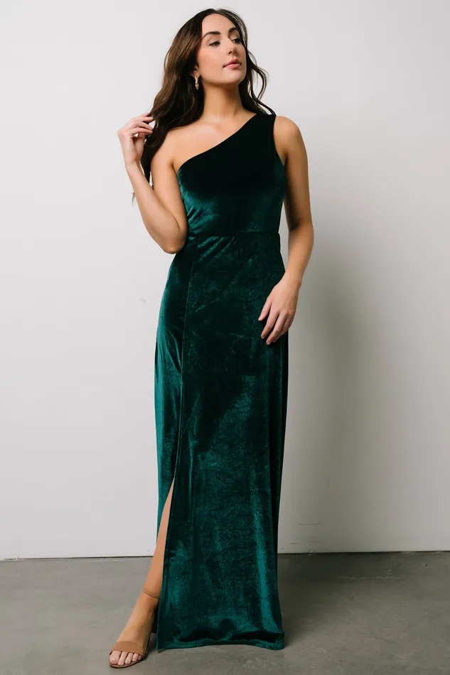 Baltic Born Wedding Guest Women Tatiana Velvet One Shoulder Maxi Dress Emerald