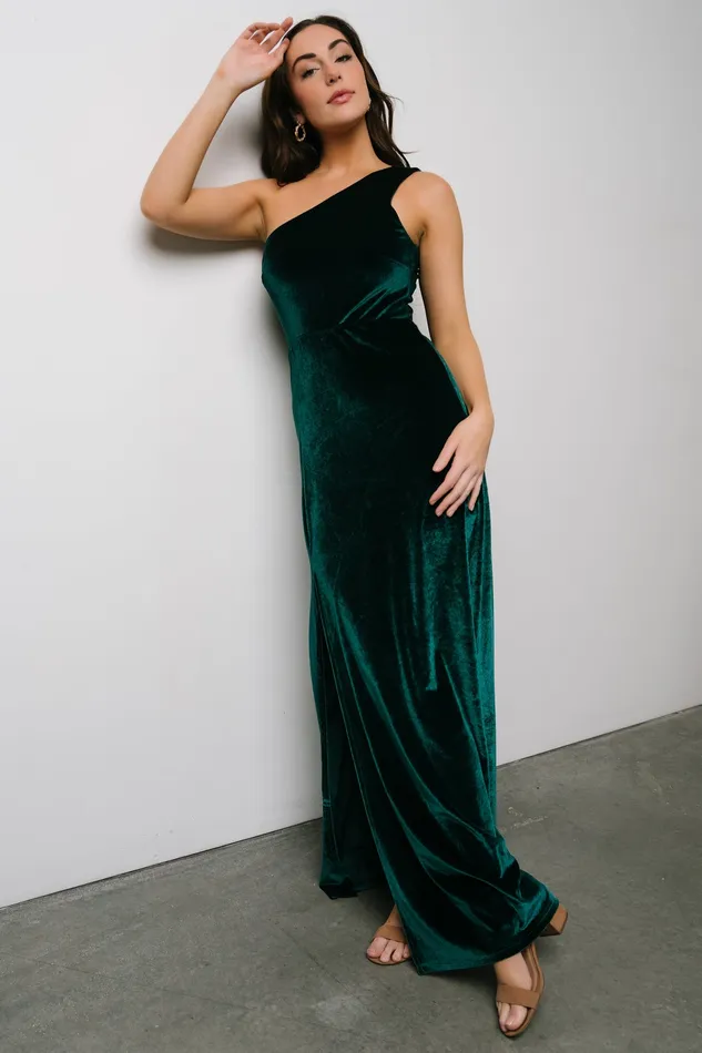 Baltic Born Wedding Guest Women Tatiana Velvet One Shoulder Maxi Dress Emerald