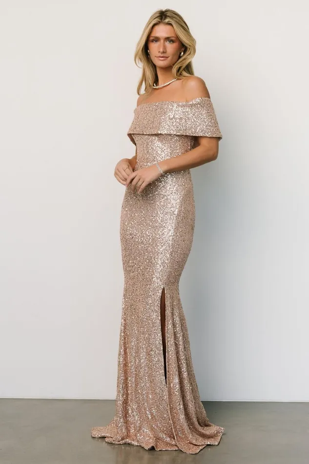 Baltic Born Wedding Guest Women Yvonne Off Shoulder Sequin Gown Champagne