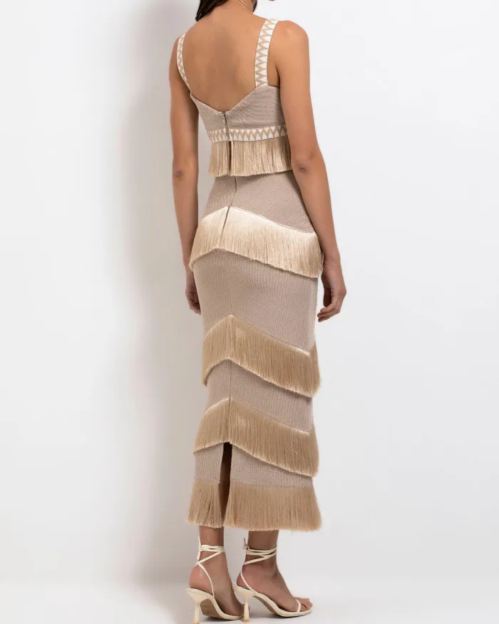 Bottoms Women PatBO Metallic Knit Maxi Skirt With Fringe Trim FINAL SALE 