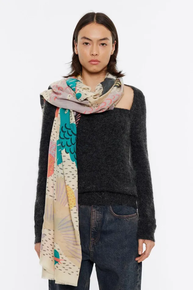 Bugs And Birds Shawl With Print Ivory Women Bimba Y Lola Scarves Bugs And Birds Shawl With Print Ivory Women Bimba Y Lola Scarves