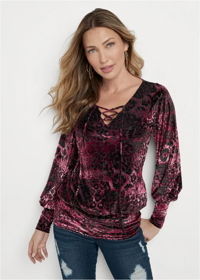 BURNOUT VELVET TOP Burgundy and Black Women VENUS Night Out Tops