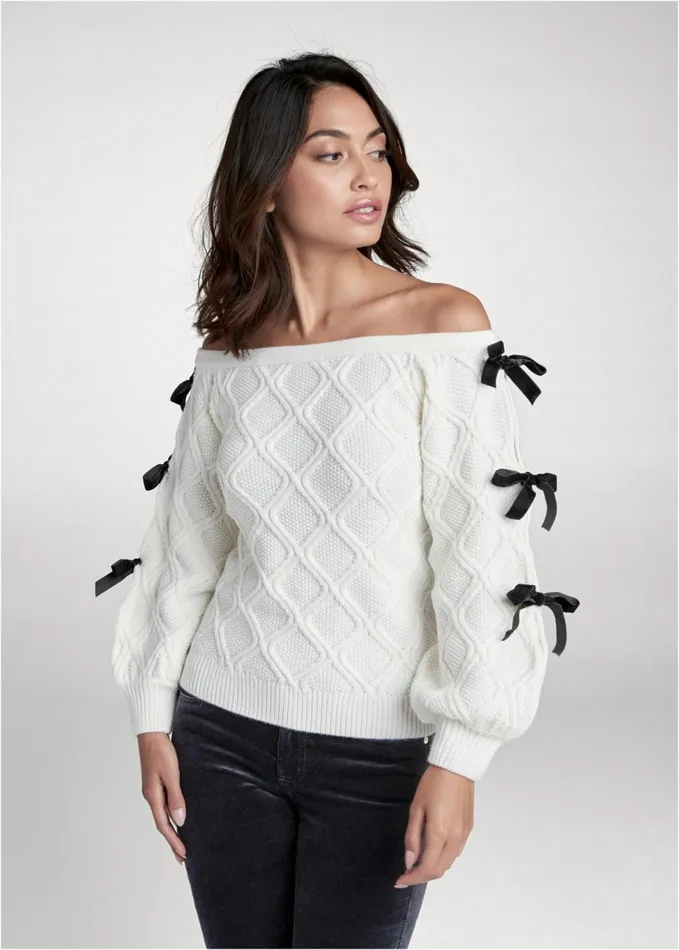 Cable Knit Bow Sleeve Sweater White Multi Women VENUS Sexy Sweaters