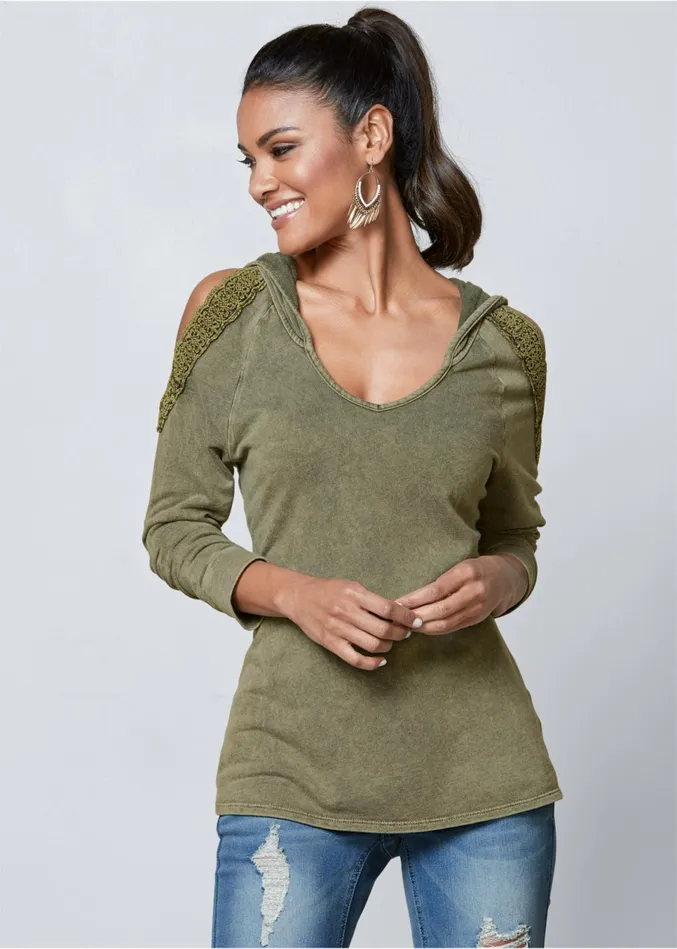 Coldshoulder Lounge Hoodie Olive Women VENUS Sweatshirts and Hoodies
