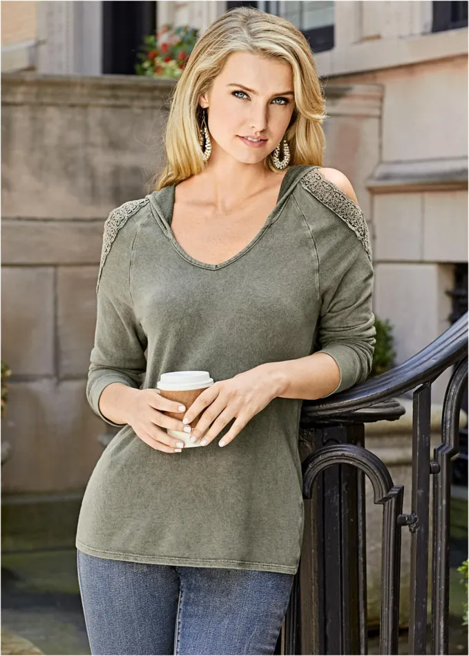 Coldshoulder Lounge Hoodie Olive Women VENUS Sweatshirts and Hoodies