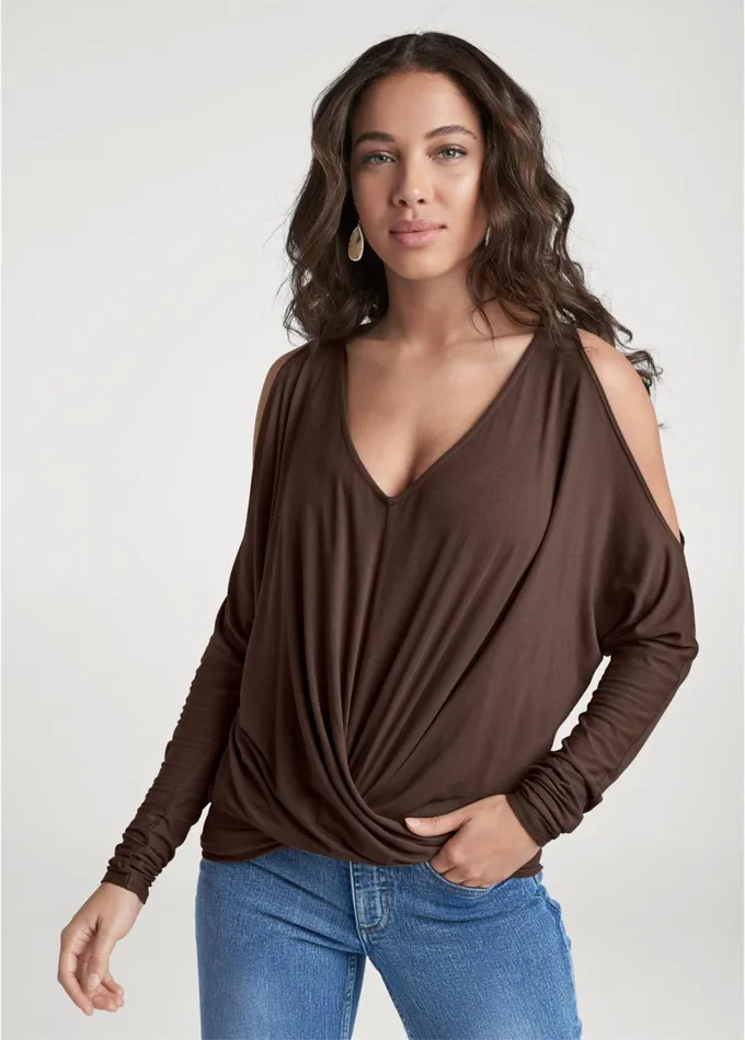 Coldshoulder Surplice Top Dark Brown Women VENUS Venus Basics Tops