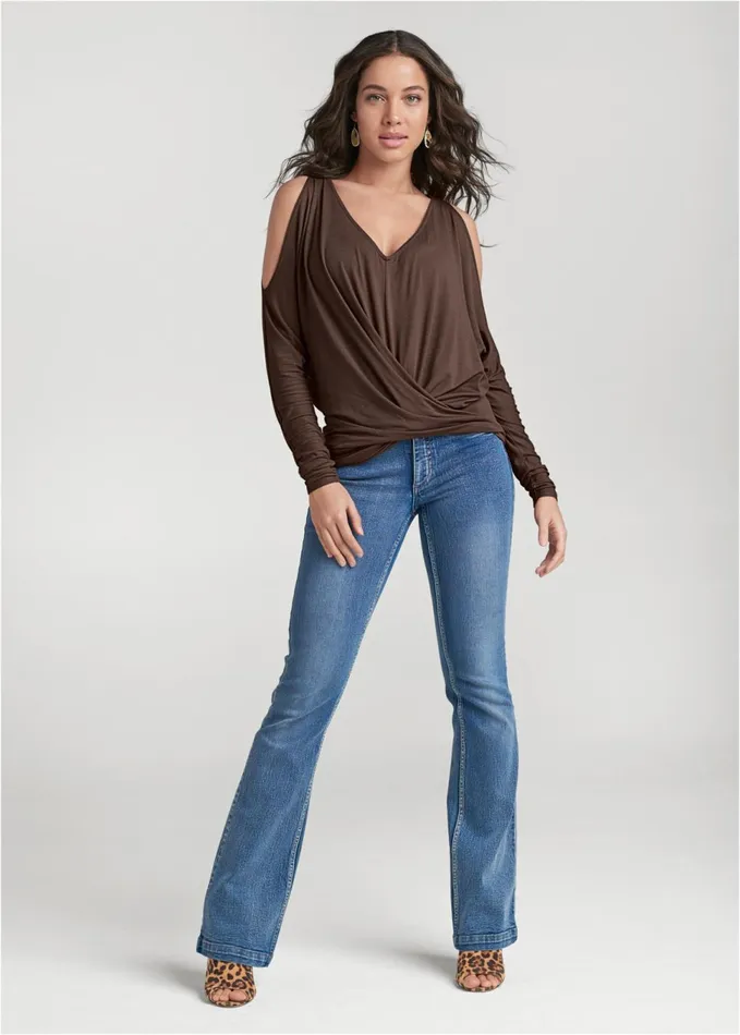 Coldshoulder Surplice Top Dark Brown Women VENUS Venus Basics Tops