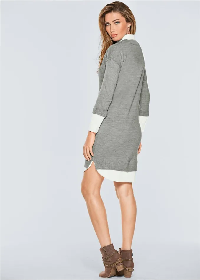 COLLAR SWEATER TWOFER DRESS Heather Grey Multi Women VENUS Short Dresses