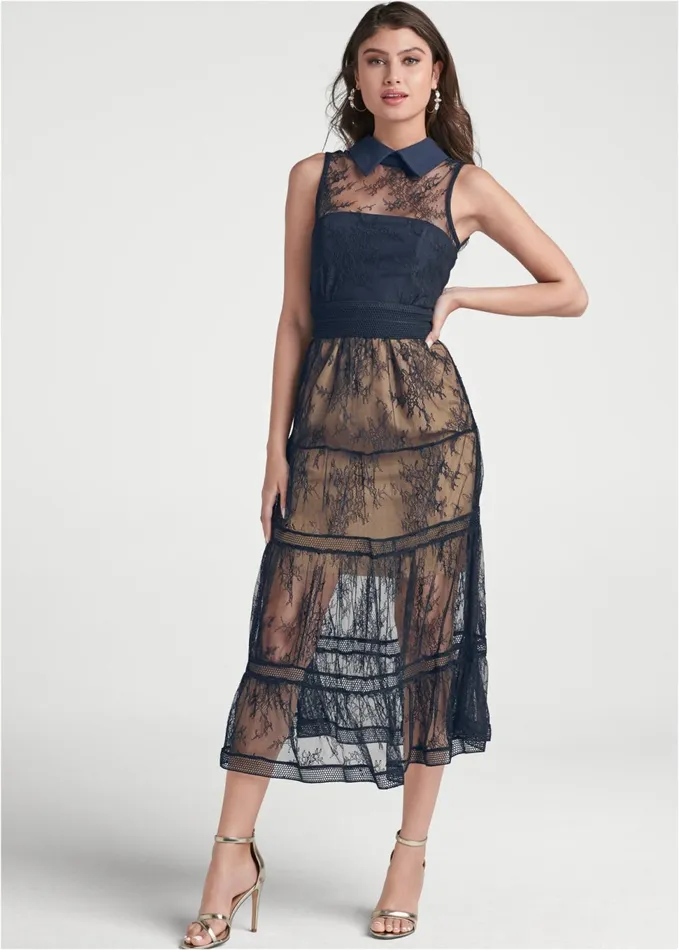 COLLARED DETAIL LACE DRESS Navy Women VENUS Party Dresses