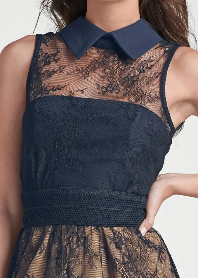 COLLARED DETAIL LACE DRESS Navy Women VENUS Party Dresses