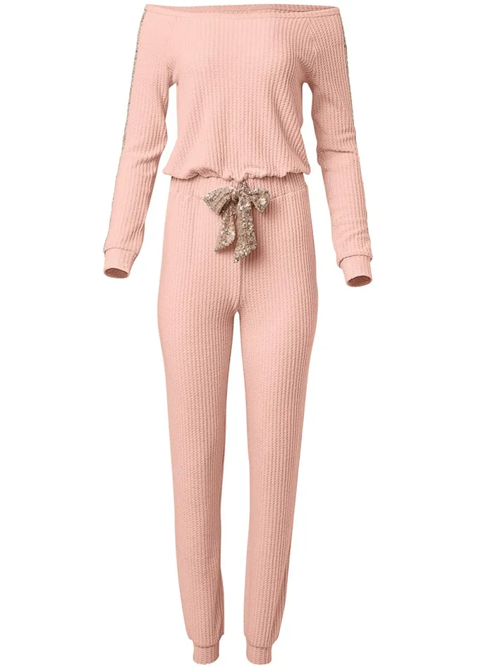 COZY SEQUIN WAFFLE JUMPSUIT Light Pink Women VENUS Cozy Loungewear