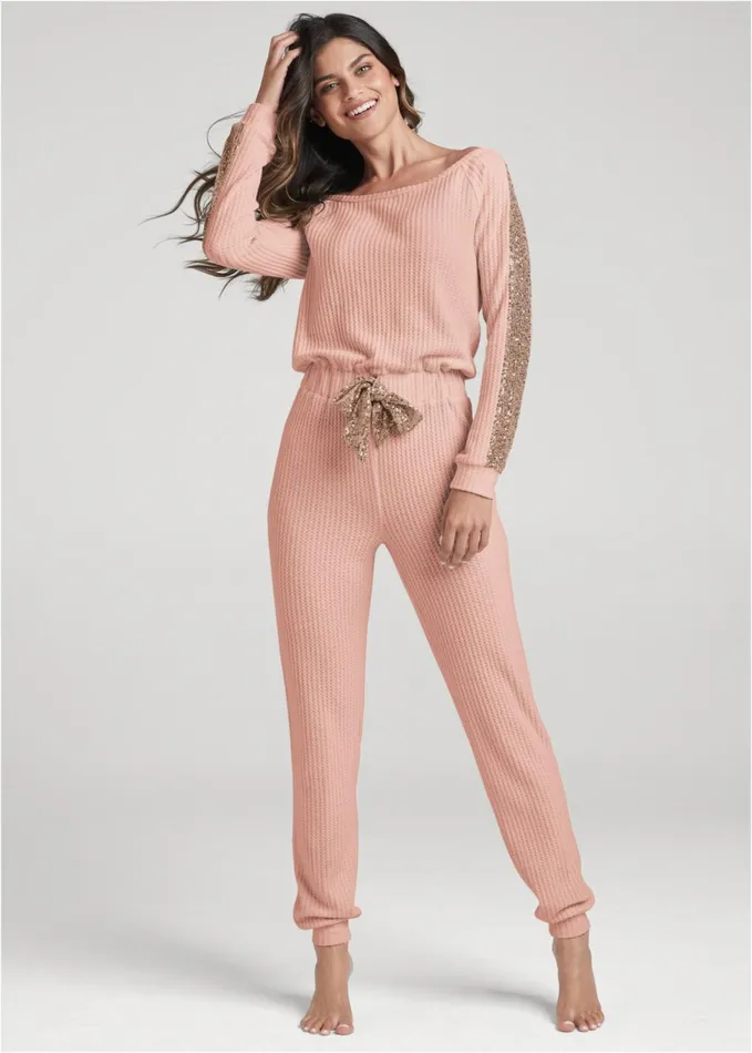 COZY SEQUIN WAFFLE JUMPSUIT Light Pink Women VENUS Cozy Loungewear