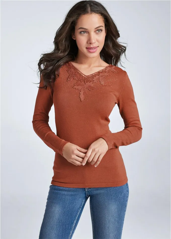CROCHET DETAIL SWEATER Brown Women VENUS Pullover