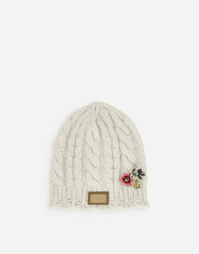 Dolce and Gabbana Accessories Children Cableknit Hat With Logo Tag And Embroidery White Dolce and Gabbana Accessories Children Cableknit Hat With Logo Tag And Embroidery White